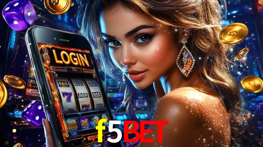 Mulher glamorosa segurando um smartphone com a tela de login para os jogos de caça-níqueis do cassino online f5bet, com moedas de ouro e dados ao redor.