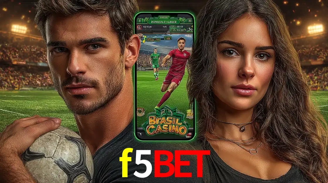 Homem segurando uma bola de futebol e uma mulher ao lado de um smartphone exibindo o jogo de apostas esportivas da f5bet. Faça seu palpite no cassino online.